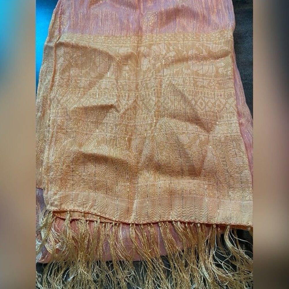 Women’s Scarf Shawl Orange Pink Fringe 21” X 72” - Picture 3 of 3